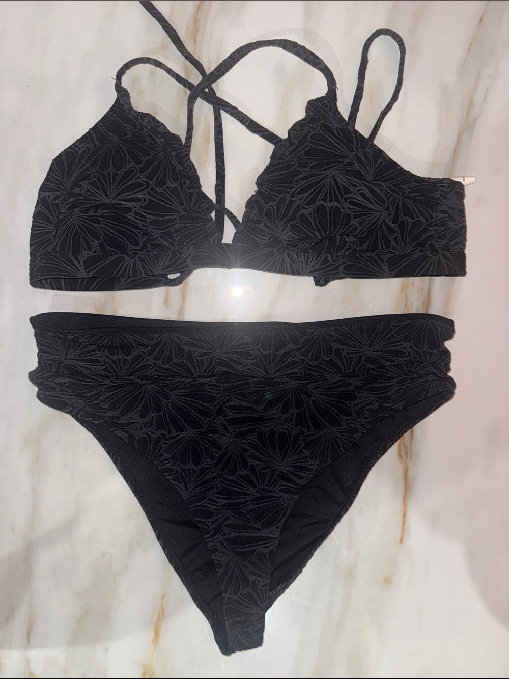 Cupshe Black Floral-Textured Bikini Set